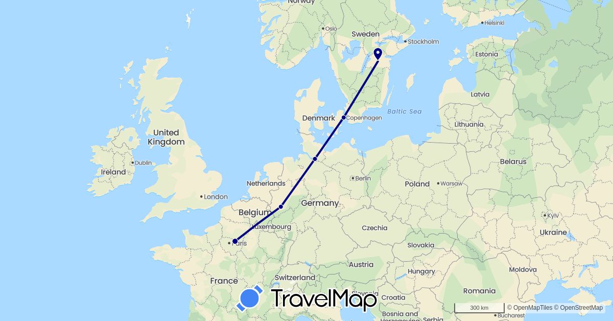 TravelMap itinerary: driving in Germany, Denmark, France, Sweden (Europe)